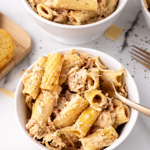 Slow Cooker Garlic Parmesan Chicken and Pasta in a bowl