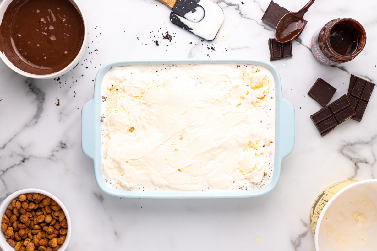 remaining ice cream added to top of nuts of fudge
