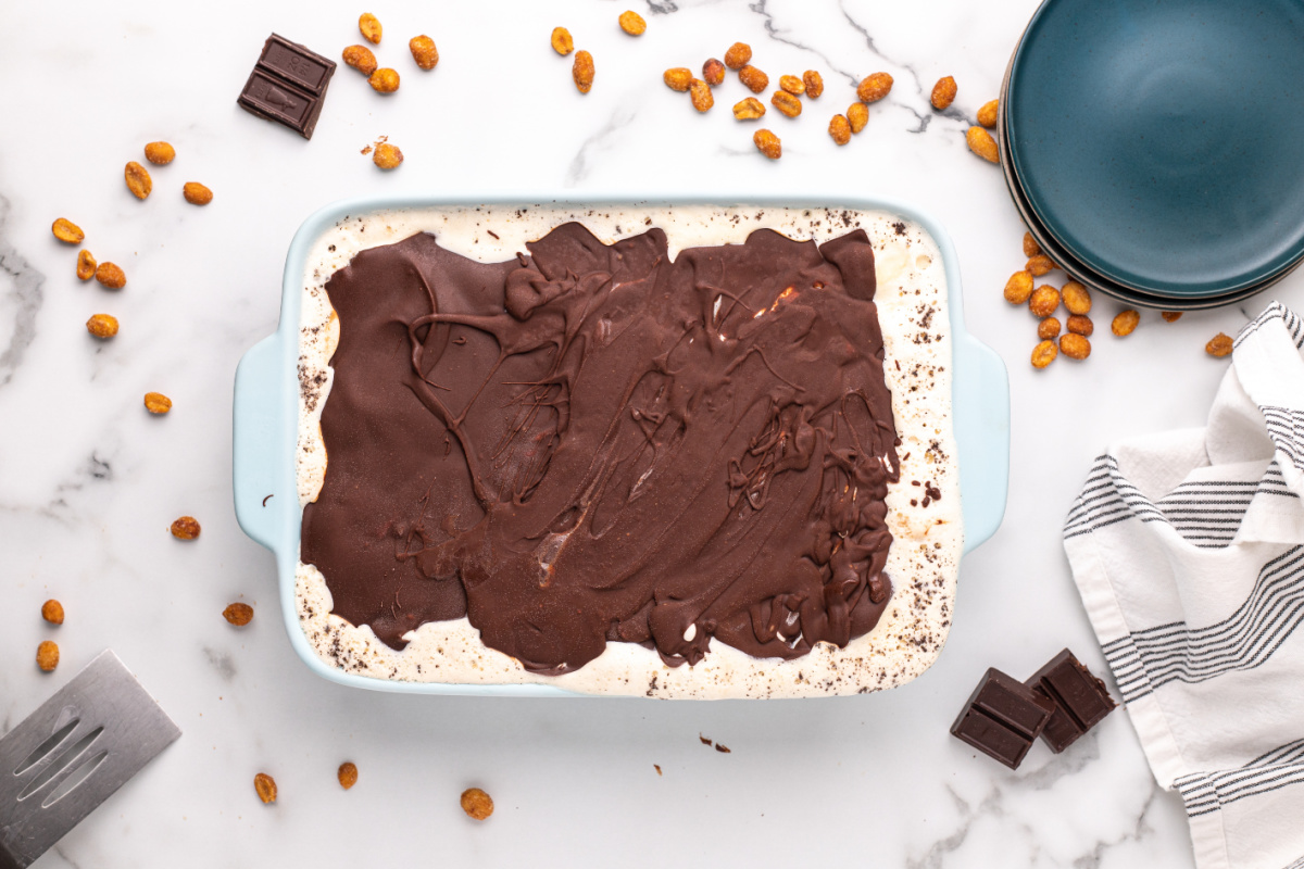Buster Bar Ice Cream Cake in baking dish