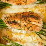 Creamy Asparagus Stuffed Chicken Breast in a baking dish
