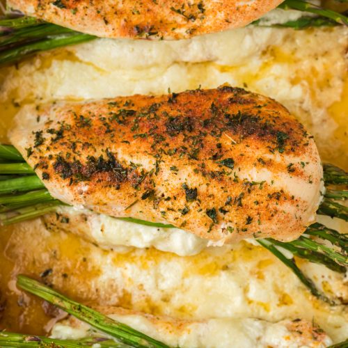 Creamy Asparagus Stuffed Chicken Breast in a baking dish