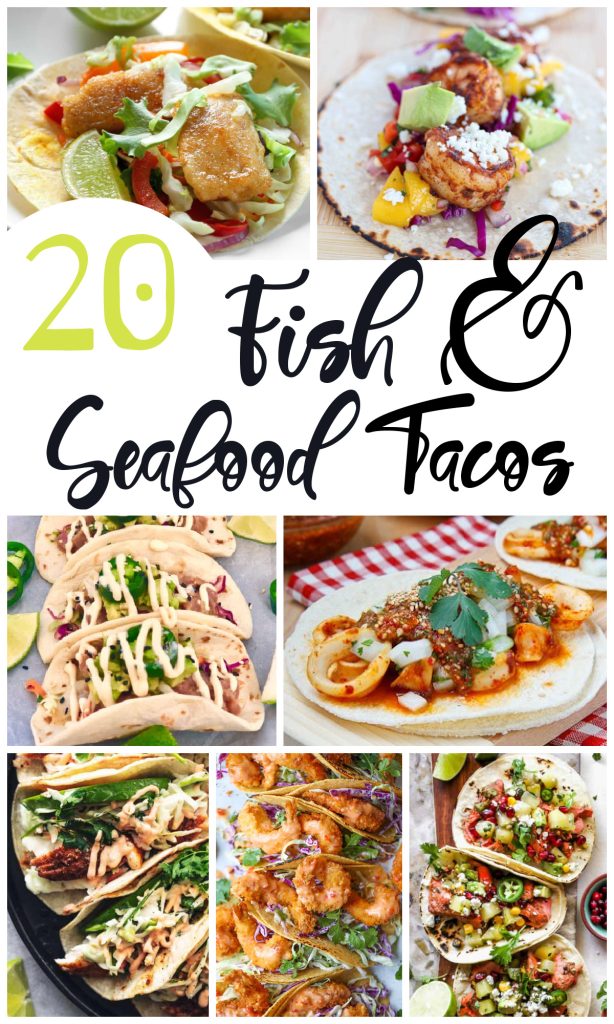 Collage image with 6 picture of different fish taco recipes