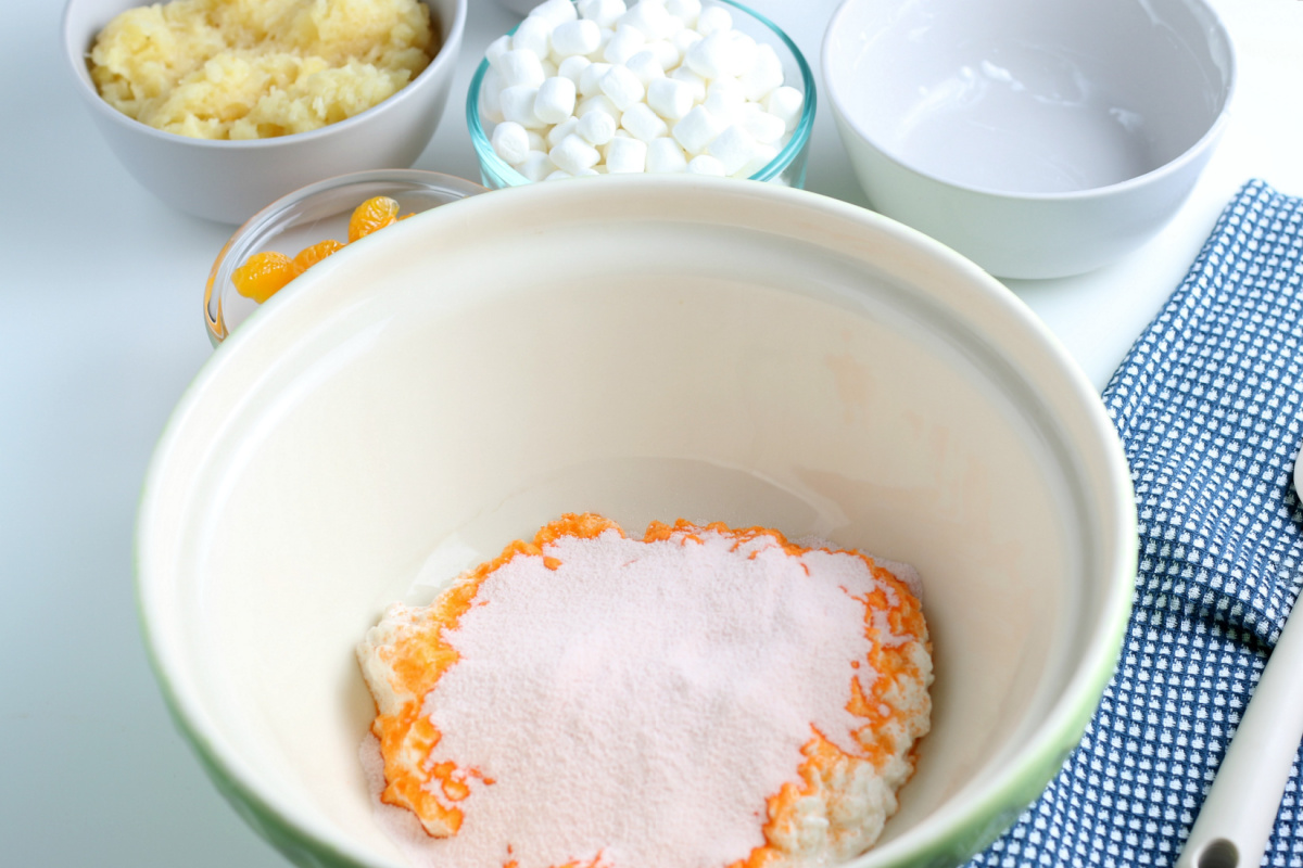 cottage cheese and jello mix in a bowl