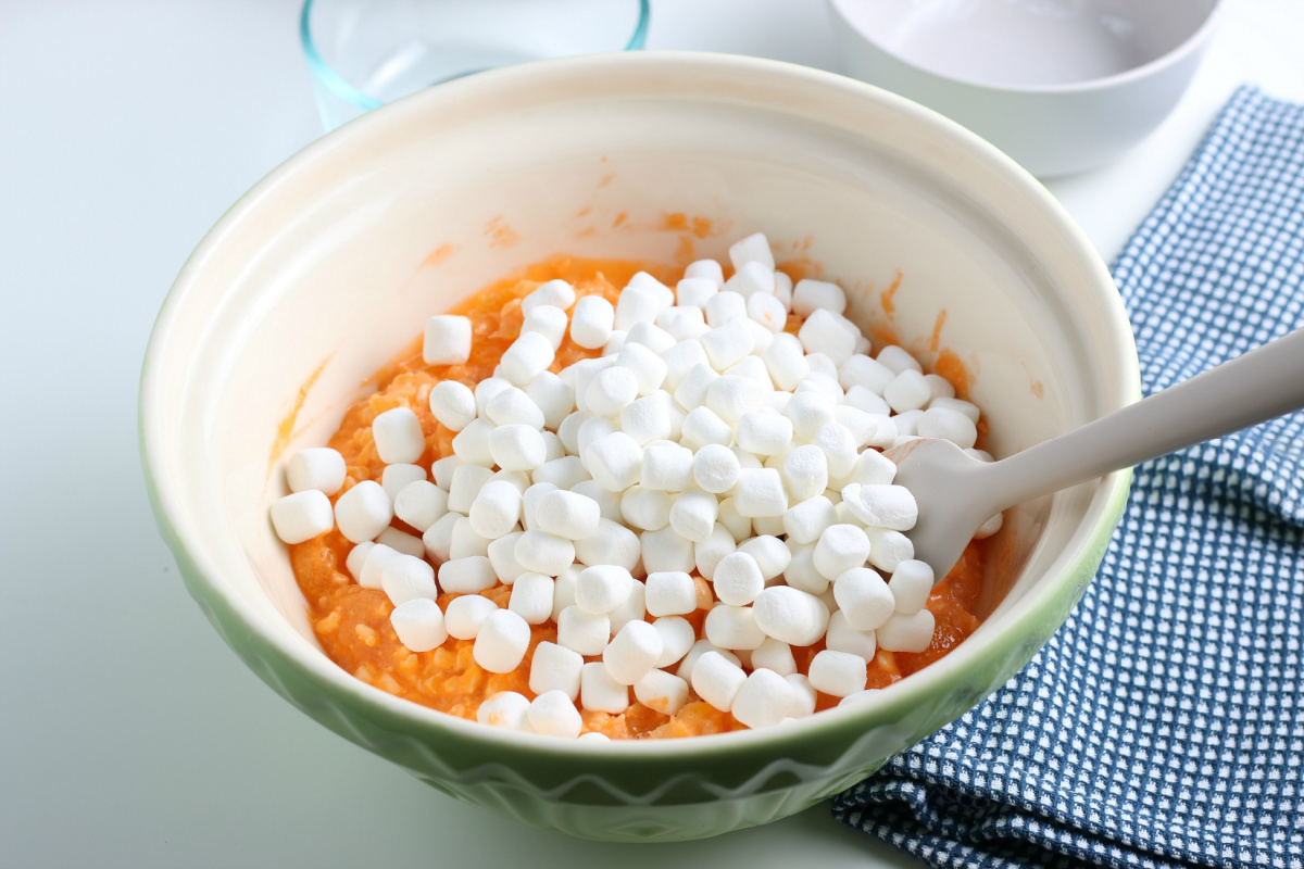 mini marshmallows added to bowl