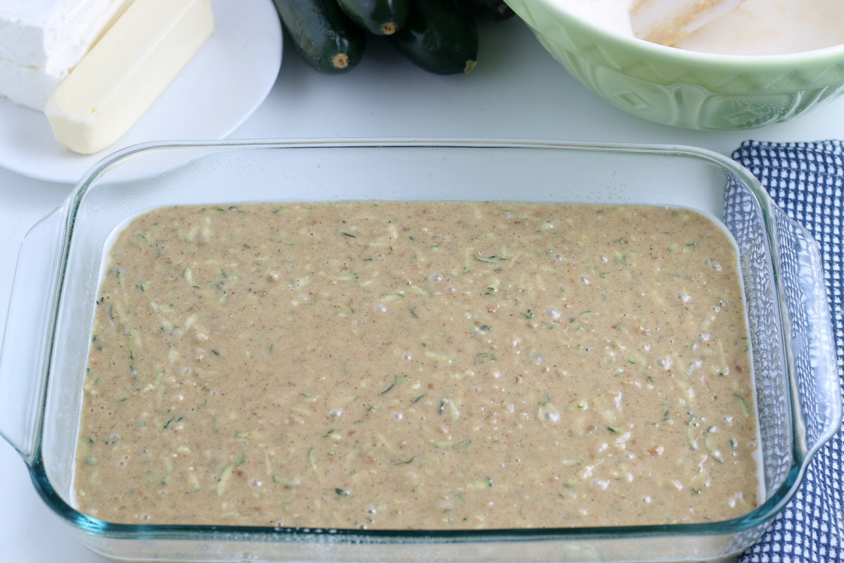 Zucchini Cake batter in baking dish