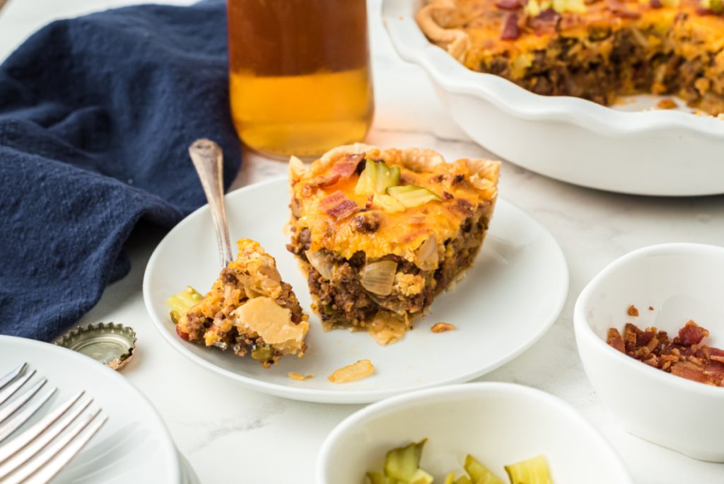 slice of Bacon Cheeseburger Pie on a plate