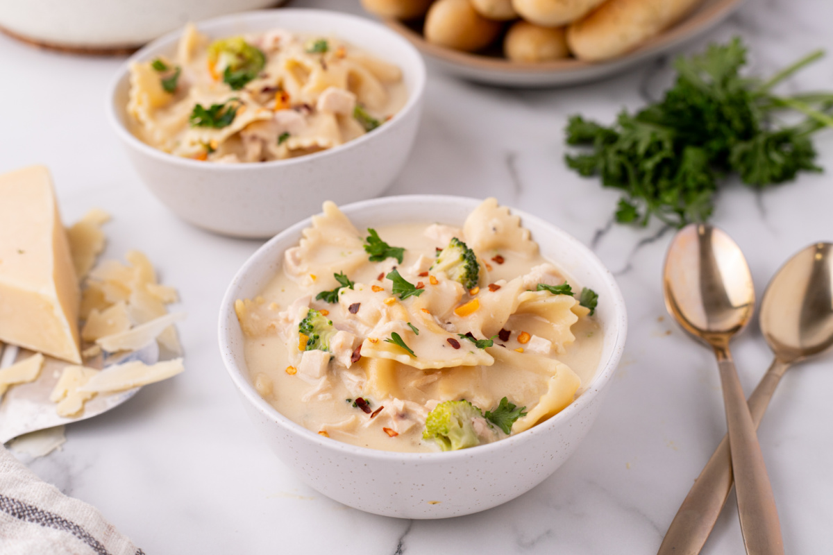 two bowls of Chicken Alfredo Soup