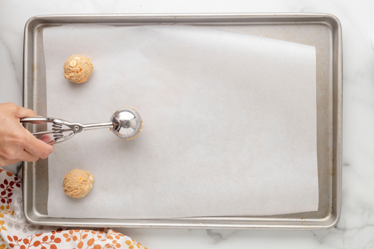 cookie batter placed on baking sheet