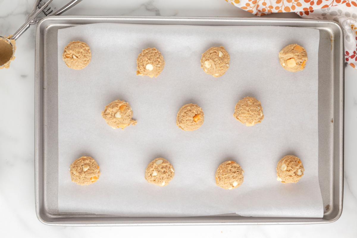 cookie batter placed on baking sheet