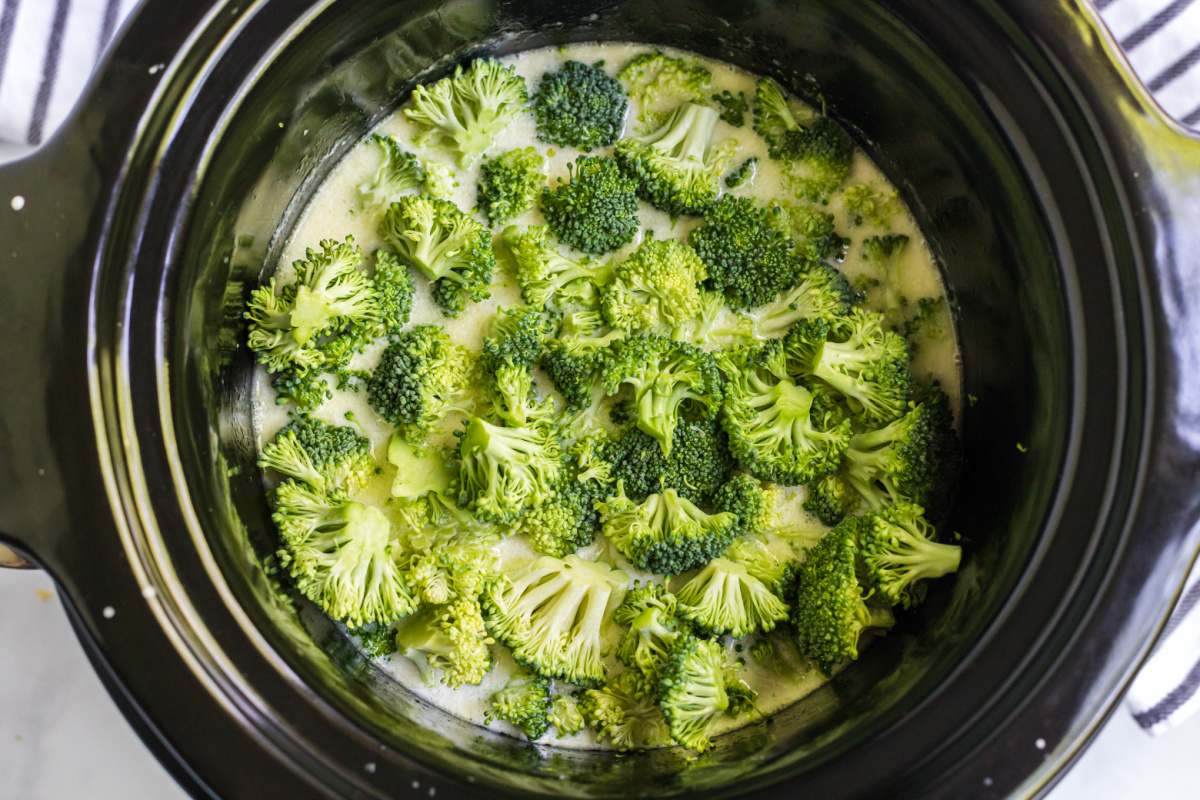 pasta and broccoli added to slow cooker