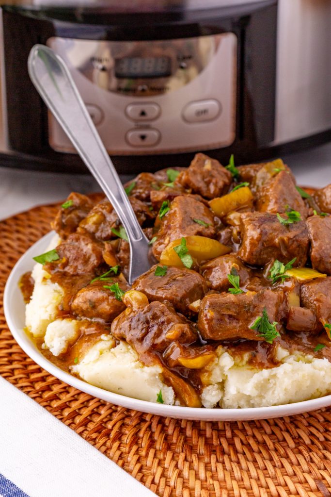 Slow Cooker Mississippi Steak Bites on a plate