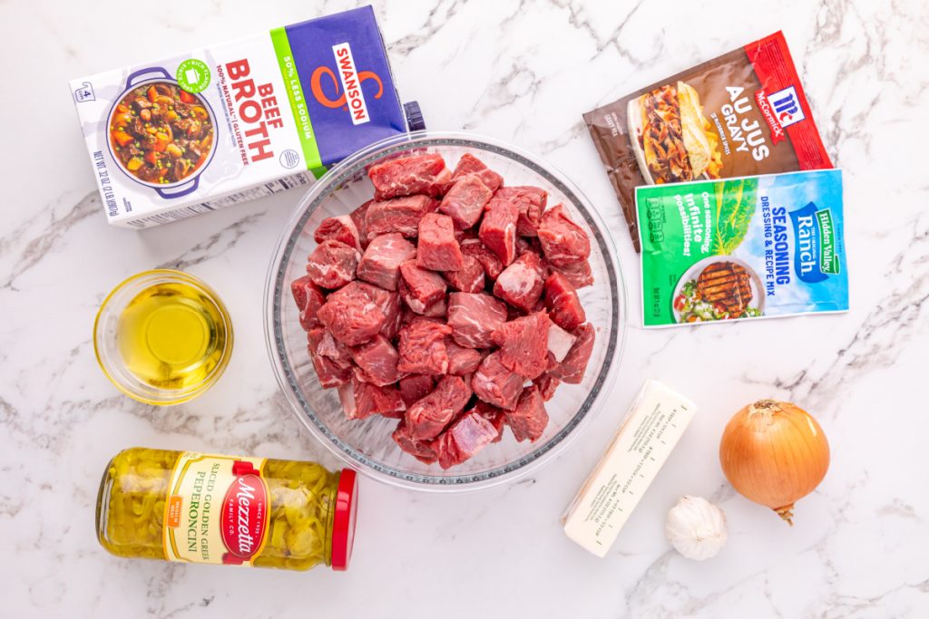 ingredients for Slow Cooker Mississippi Steak Bites