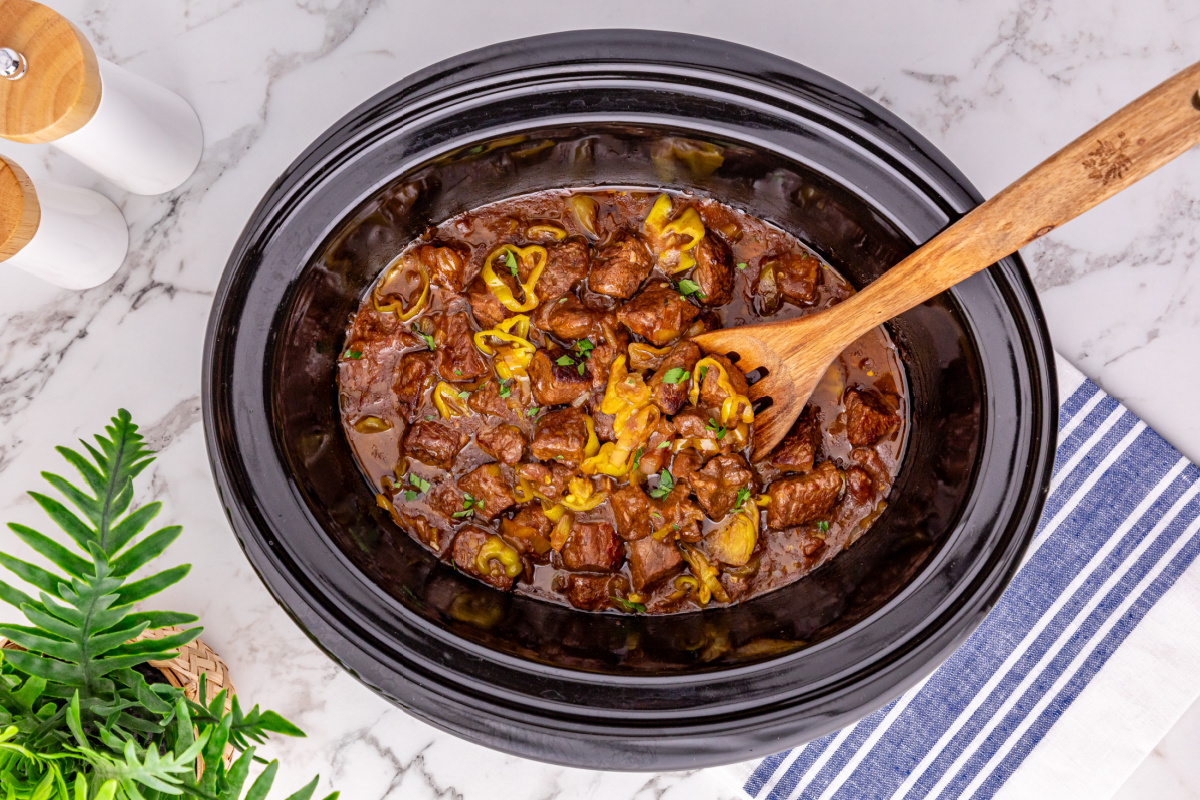 Slow Cooker Mississippi Steak Bites in a slow cooker