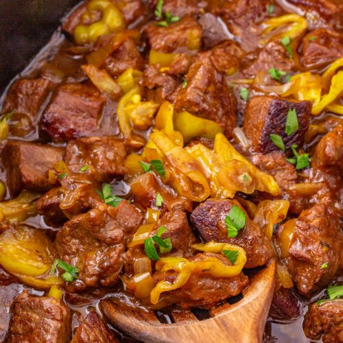 Slow Cooker Mississippi Steak Bites in a crock pot