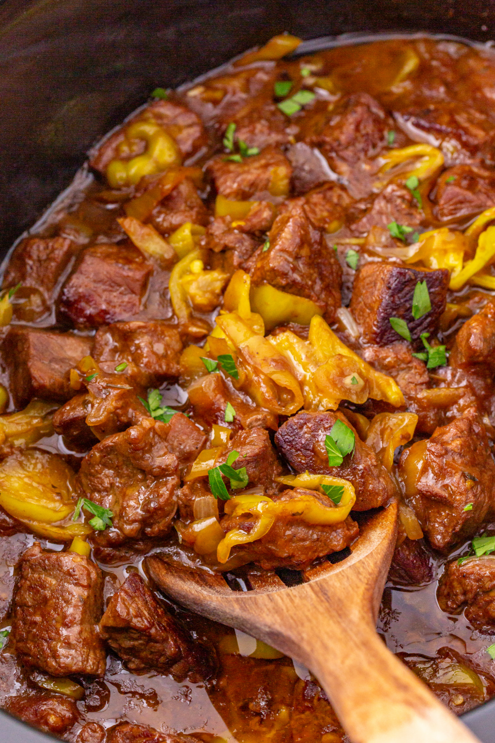 Slow Cooker Mississippi Steak Bites in a crock pot