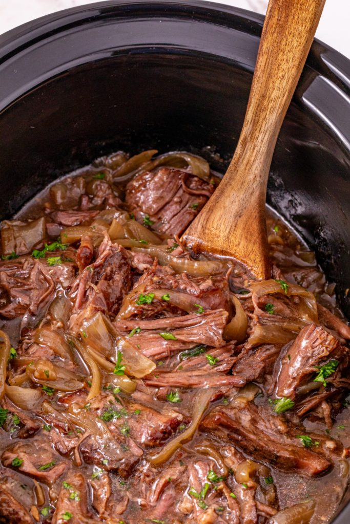 Slow Cooker French Onion Pot Roast in a crockpot