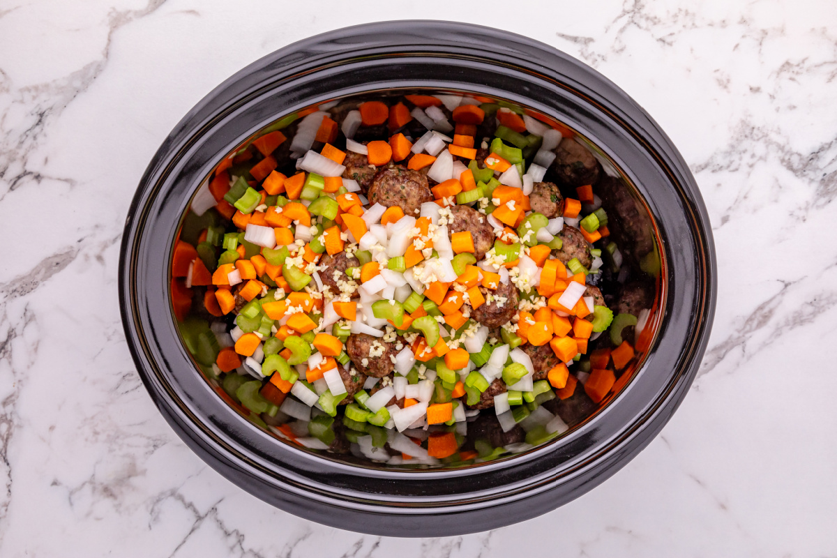 meatballs and veggies added to slow cooker