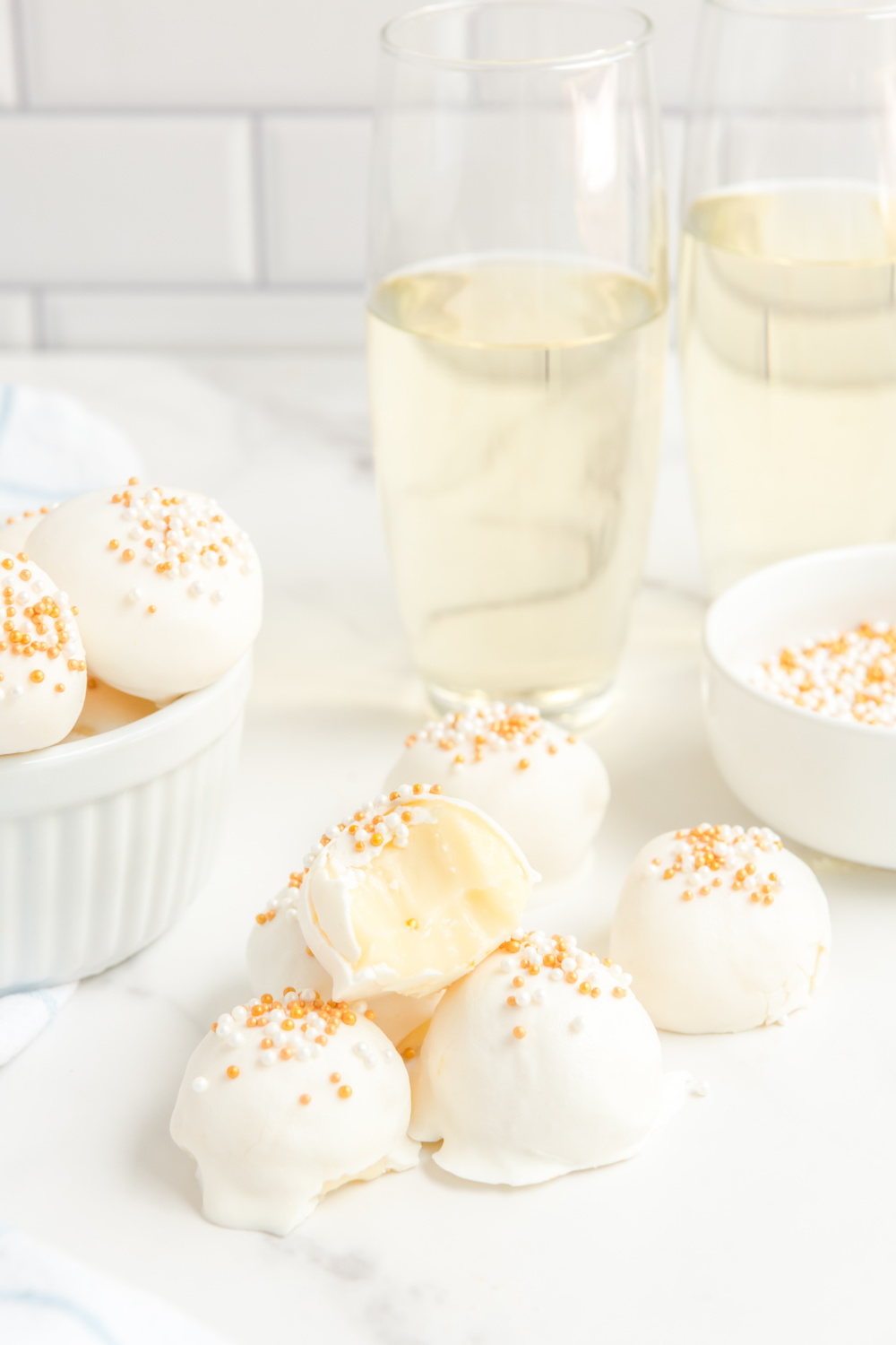 White Chocolate Champagne Truffles on a counter