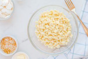 chopped white chocolate in a bowl
