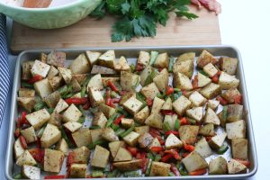 breakfast potatoes on a baking sheet