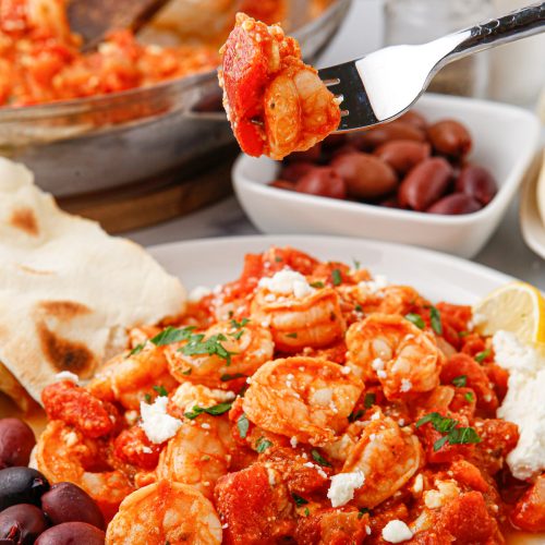 tomato feta shrimp skillet on a plate