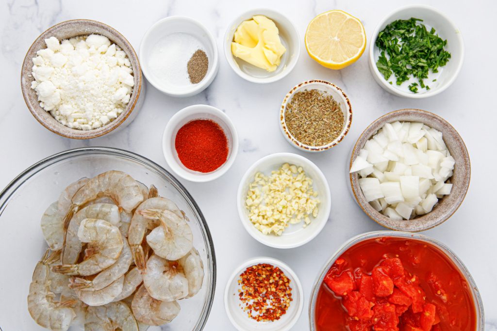 ingredients for tomato feta shrimp skillet
