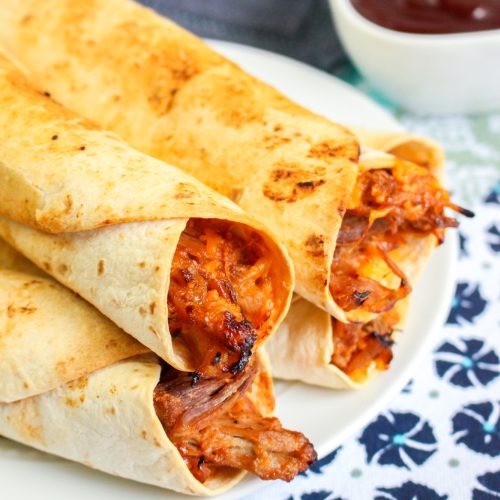Air Fryer BBQ Pulled Pork Taquitos on a plate