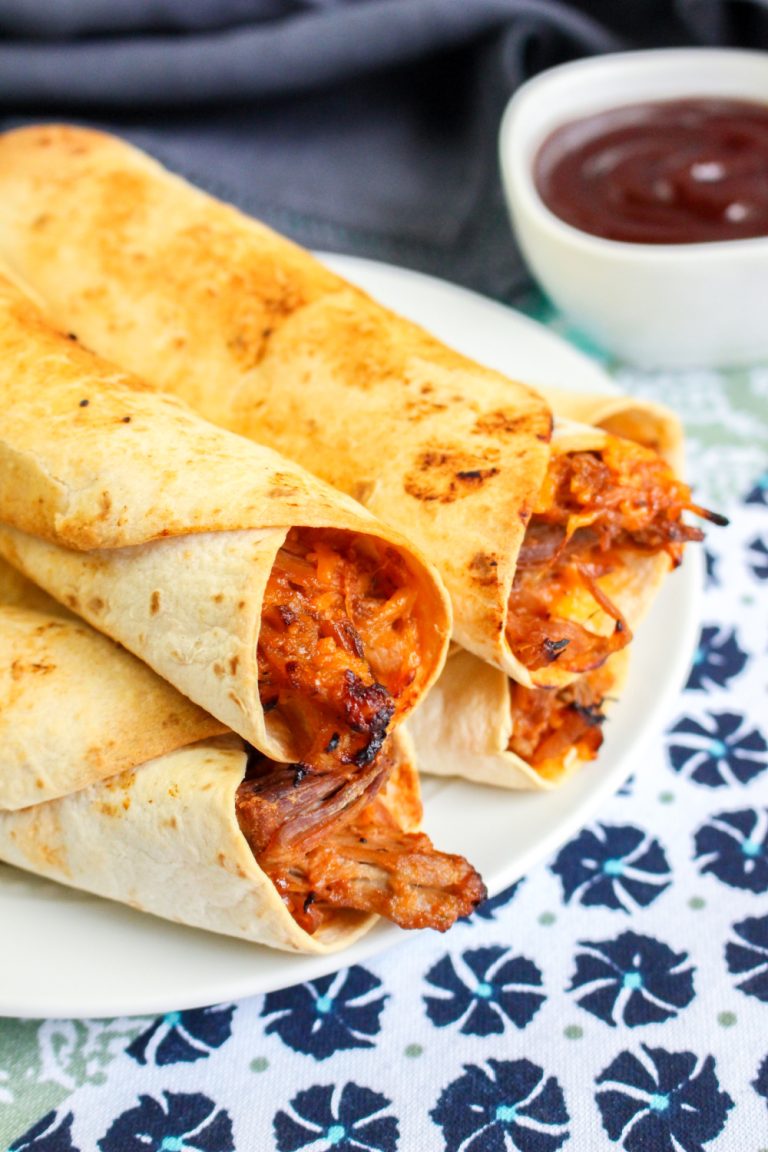 Air Fryer BBQ Pulled Pork Taquitos on a plate
