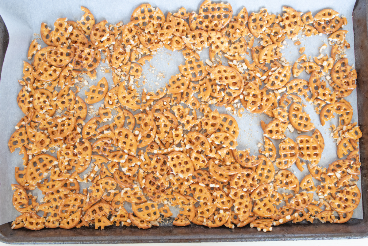 broken pretzels on a baking sheet