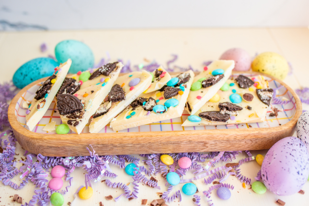 Easter White Chocolate Cookie Bark on a serving plater