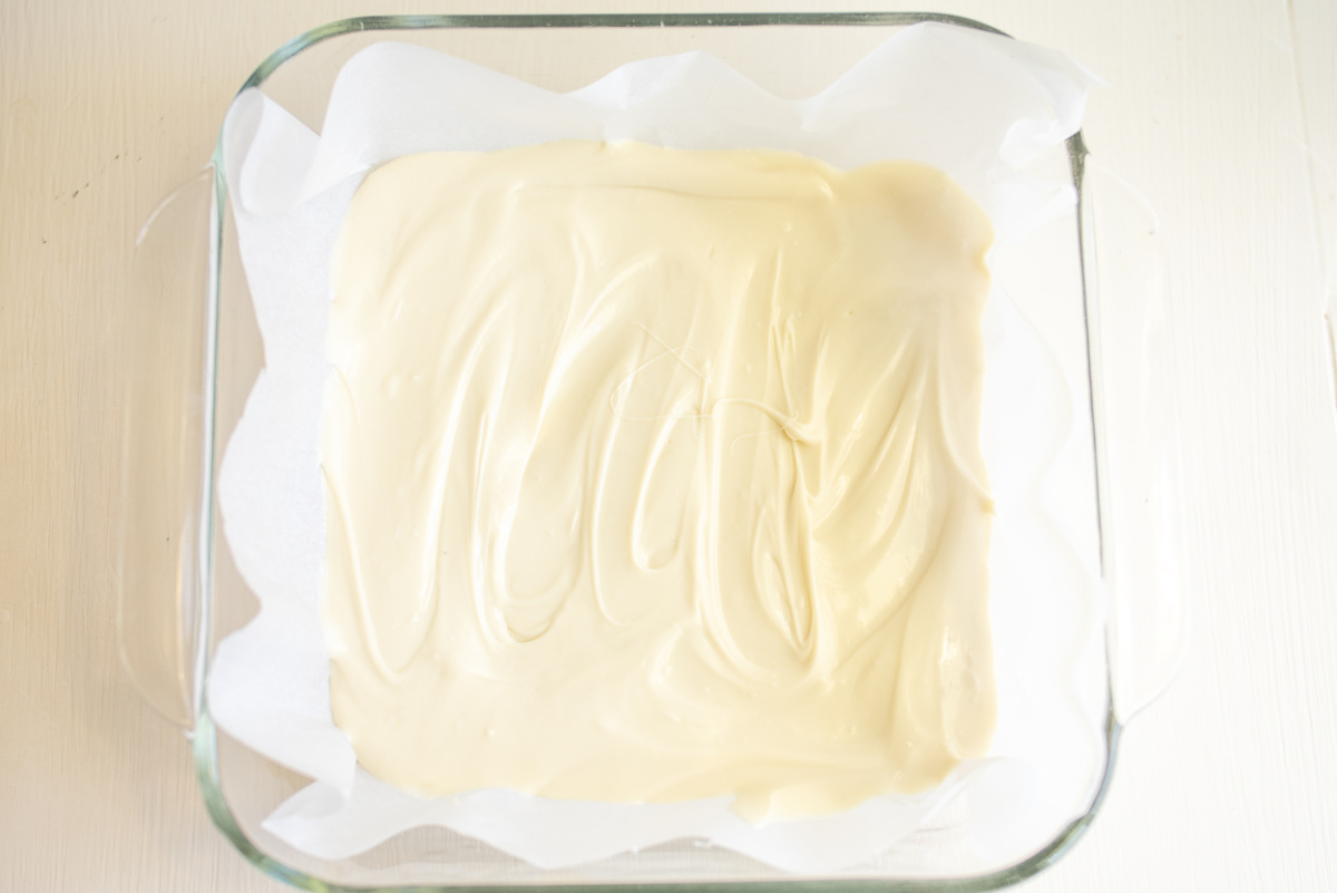 white chocolate spread into baking pan