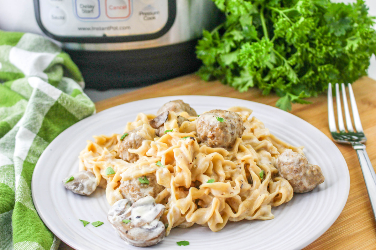 Instant Pot Meatball Stroganoff on a plate