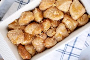 biscuit pieces placed in pan