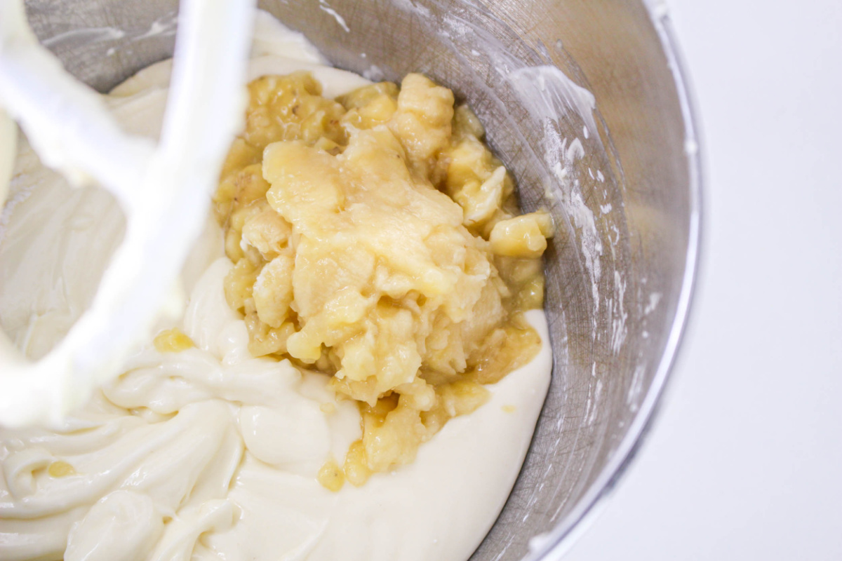 mashed bananas added to cream cheese mixture