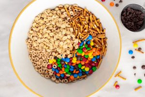 ingredients for easy trail mix bars in a large bowl