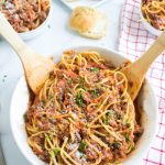 Instant Pot Bolognese Sauce in a bowl with pasta