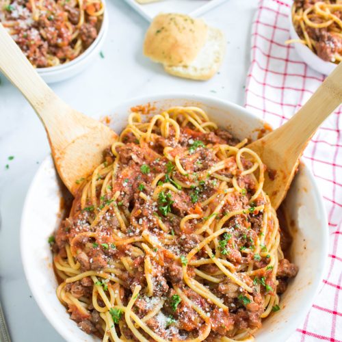 Instant Pot Bolognese Sauce in a bowl with pasta