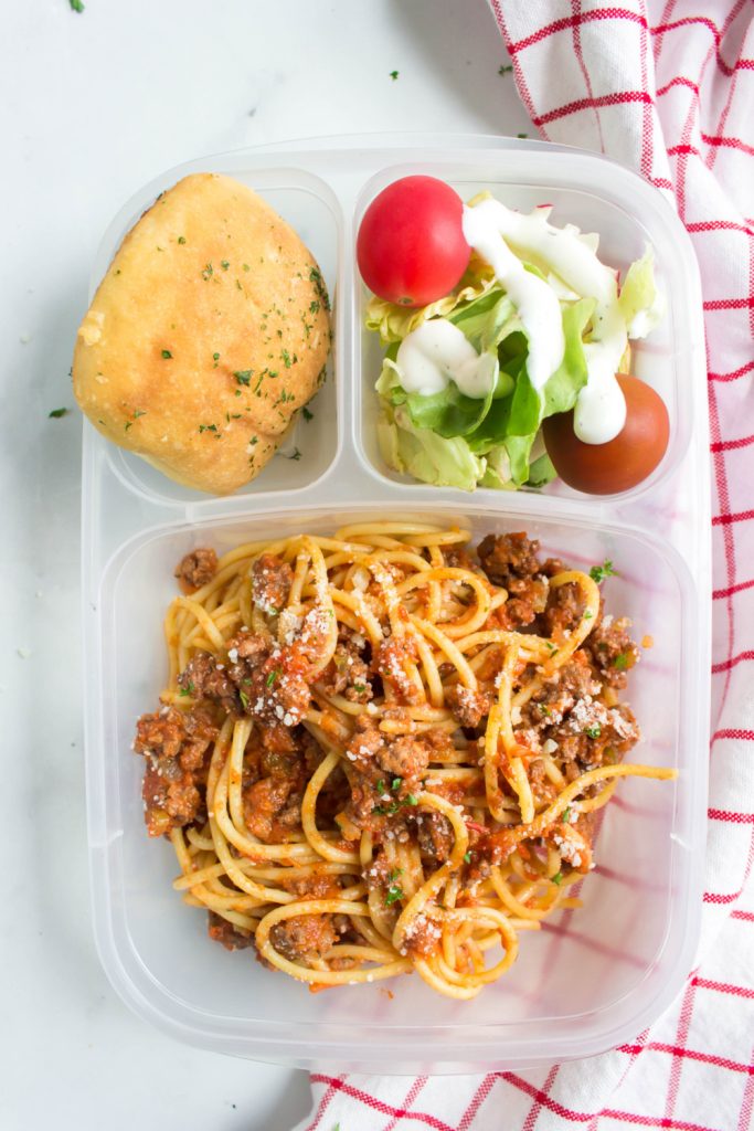 Instant Pot Bolognese Sauce and pasta packed in a lunch box