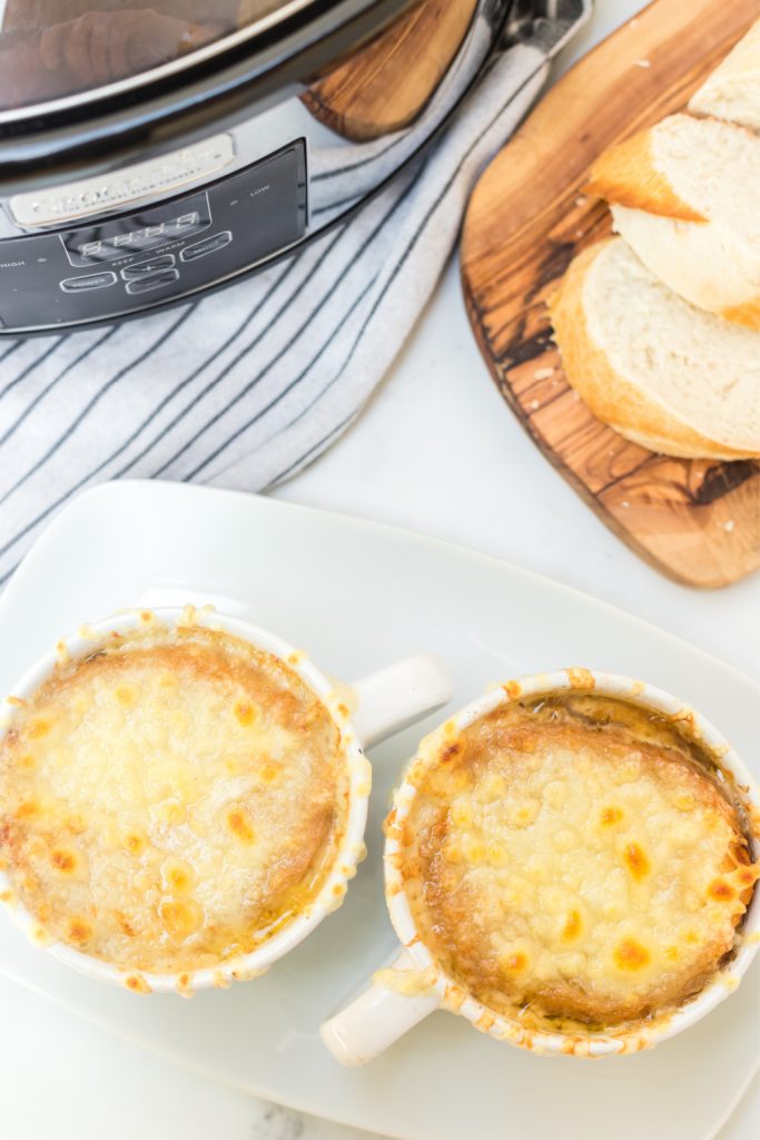 Slow Cooker French Onion Soup in two bowls