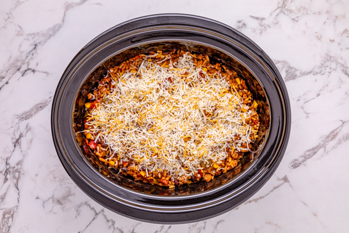 cheese added to top of Slow Cooker Mexican Casserole