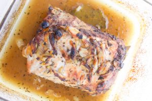 cooked pork in a baking dish