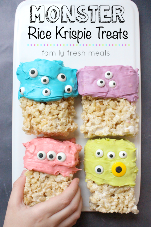 Easy Halloween Monster Rice Krispie Treats on a plate