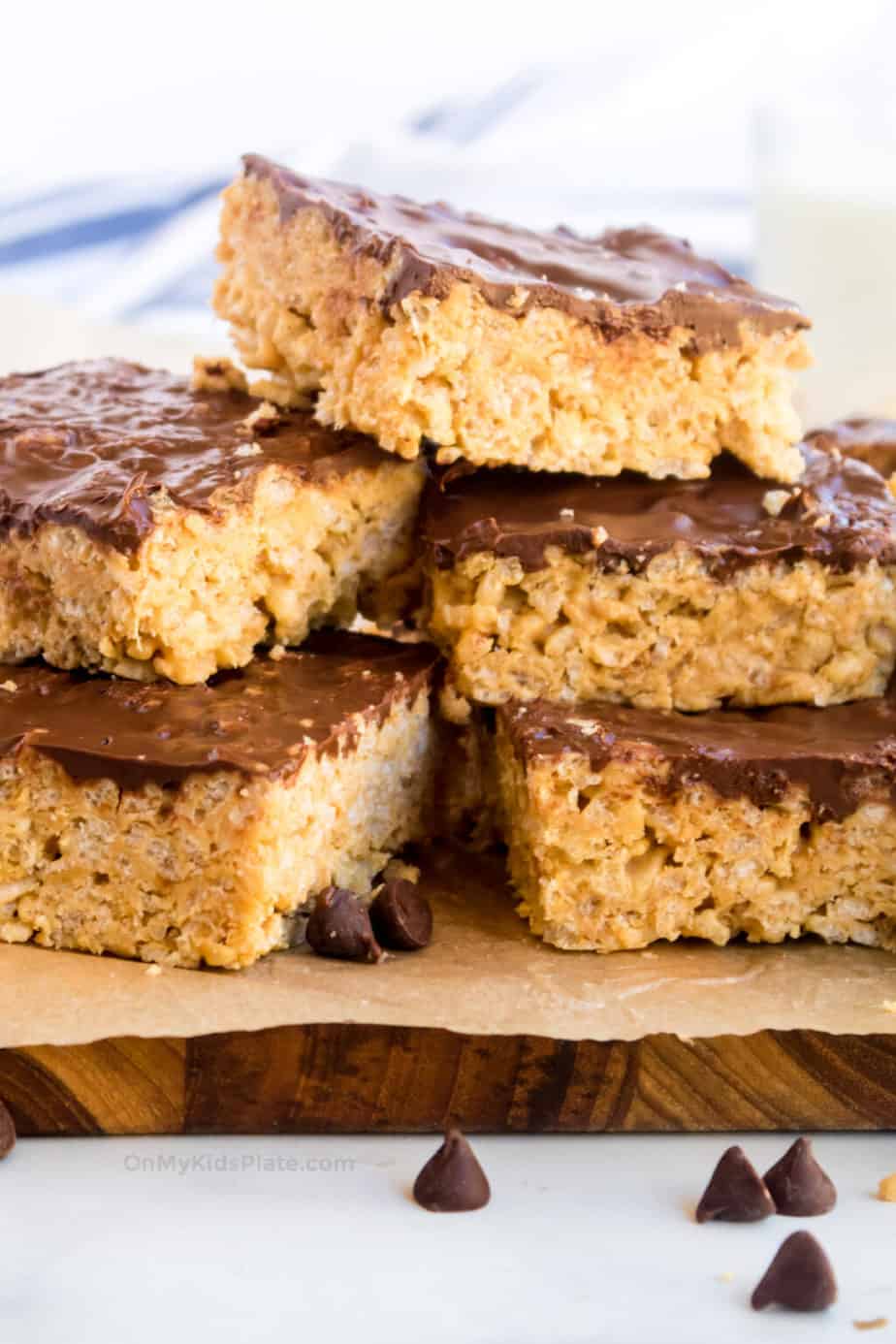 peanut butter chocolate rice krispies treats on a serving plater