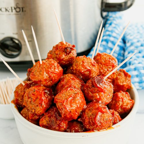 Slow Cooker Apricot Chipotle Meatballs in a bowl