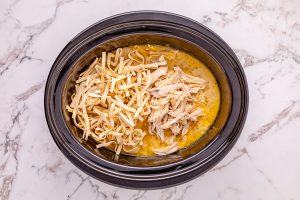 shredded chicken and noddles added back to slow cooker