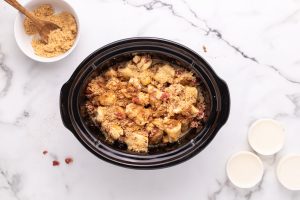 cinnamon sugar added to top of casserole