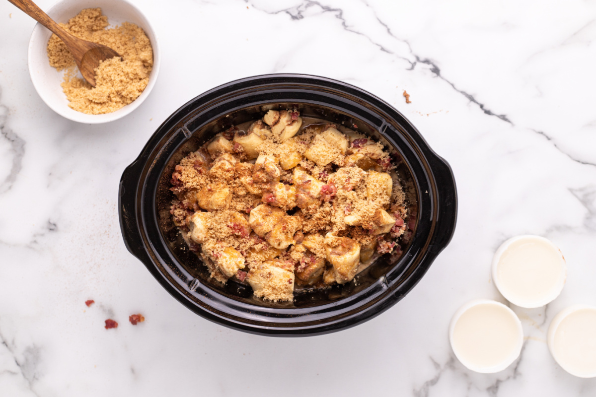cinnamon sugar added to top of casserole