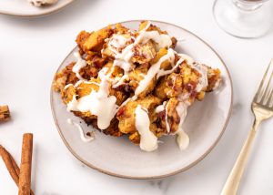 Slow Cooker Cinnamon Roll Casserole on a plate