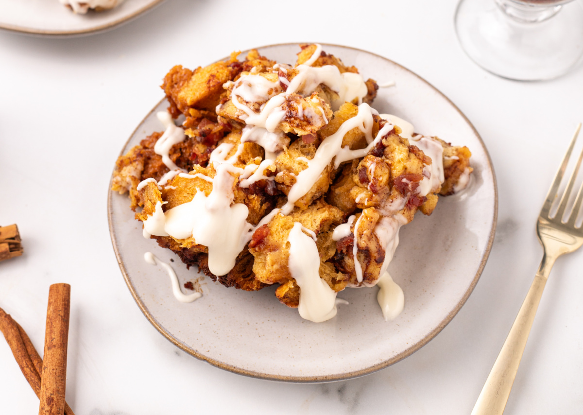 Slow Cooker Cinnamon Roll Casserole on a plate