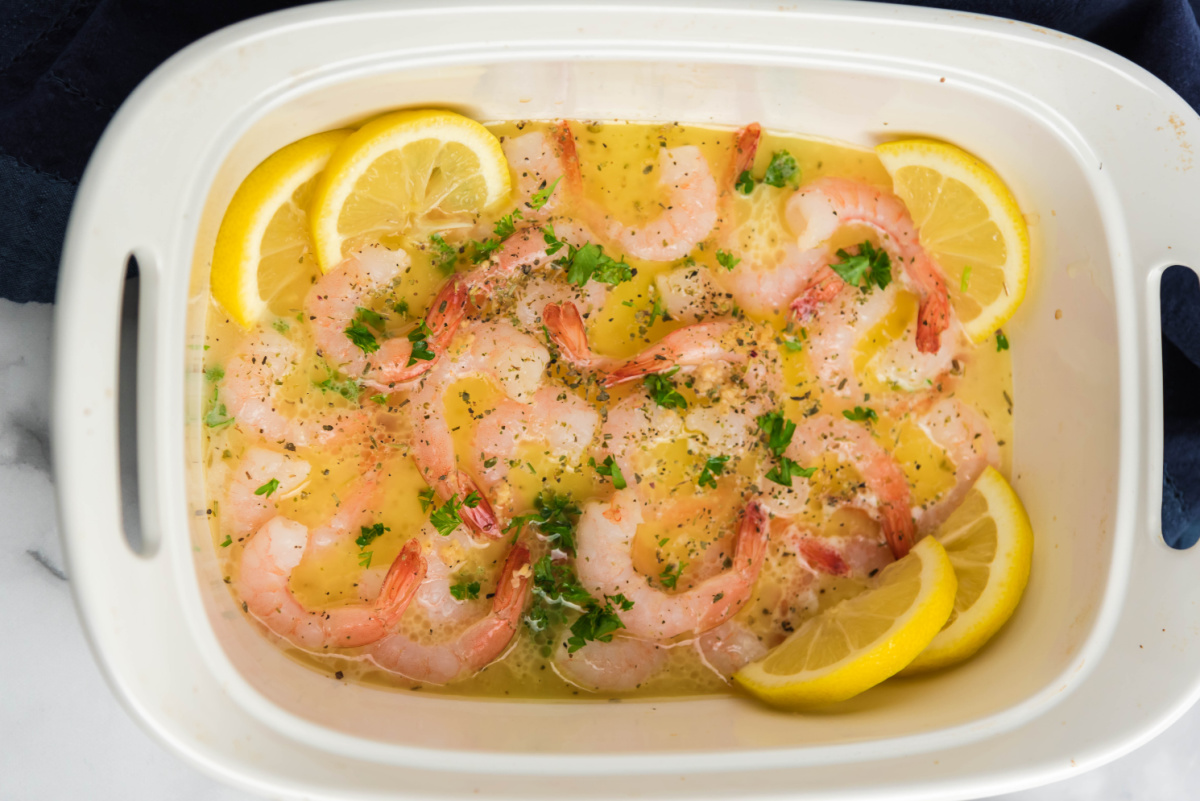 Baked Shrimp Scampi in a baking dish